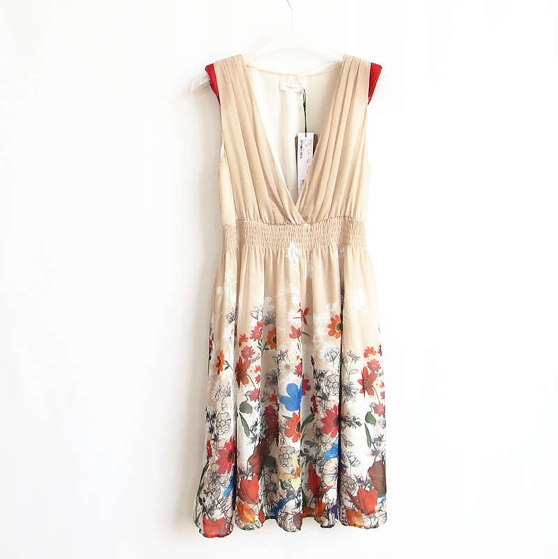 艾格专柜正品气质印花V领无袖高腰雪纺连衣裙