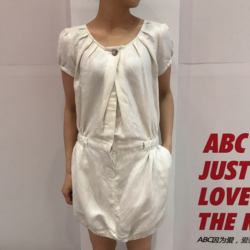 艾格专柜正品女装简约气质圆领短袖宽松亚麻连衣裙