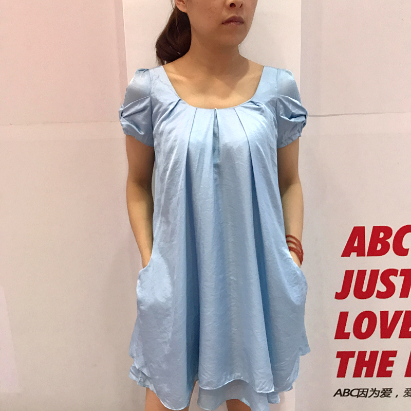 艾格专柜正品女装简约少女大圆领显瘦短袖夏连衣裙