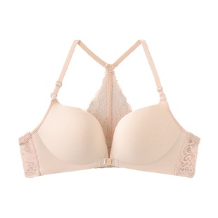 a系列内衣光面无钢圈厚杯聚拢显大胸罩3/4杯前扣无缝蕾丝美背文胸