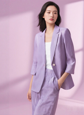 【紫色西装长裤亚麻套装】笙声曼25夏新款气质ol职场减龄知性穿搭