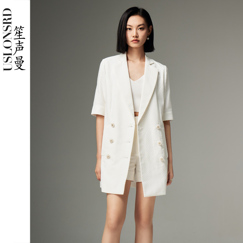 Uslonsrd笙声曼 白色夏季女西装套装纯棉长外套短裤两件套五分袖