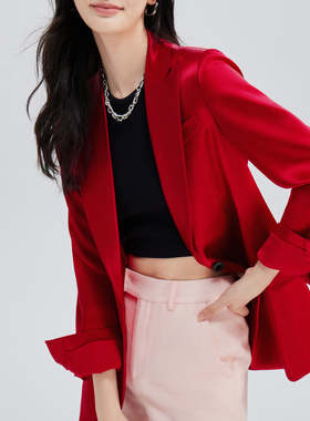 Uslonsrd笙声曼 红色西装女士缎面礼服外套长袖大码气质高定上衣