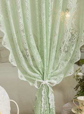 绿色蕾丝窗纱免打孔法式纱帘魔术贴装饰飘窗卧室阳台窗帘遮光安装