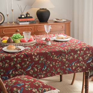 枣红花鸟桌布美式 中式 复古提花棉麻布艺田园长方形茶几台布盖布