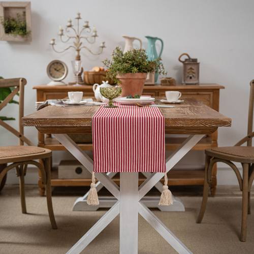红色条纹桌旗现代简约印花田园流苏单层餐桌布茶几布床旗长条桌布