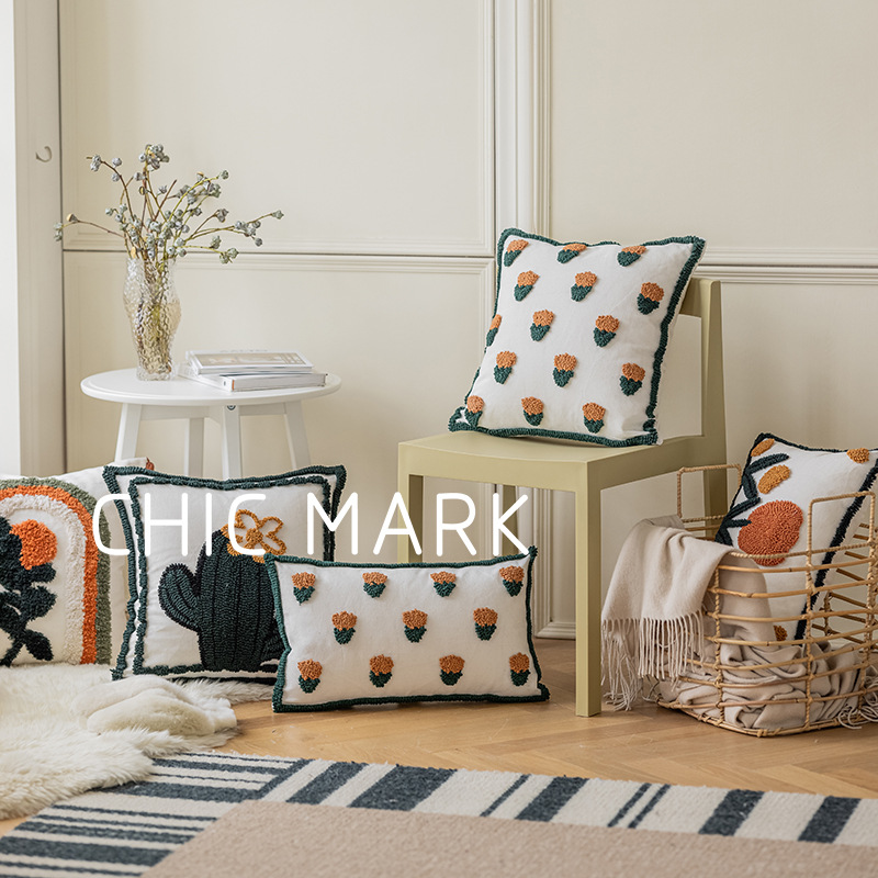 北欧客厅沙发靠垫棉质帆布流苏圈绒簇绒抱枕套网红植物靠包靠
