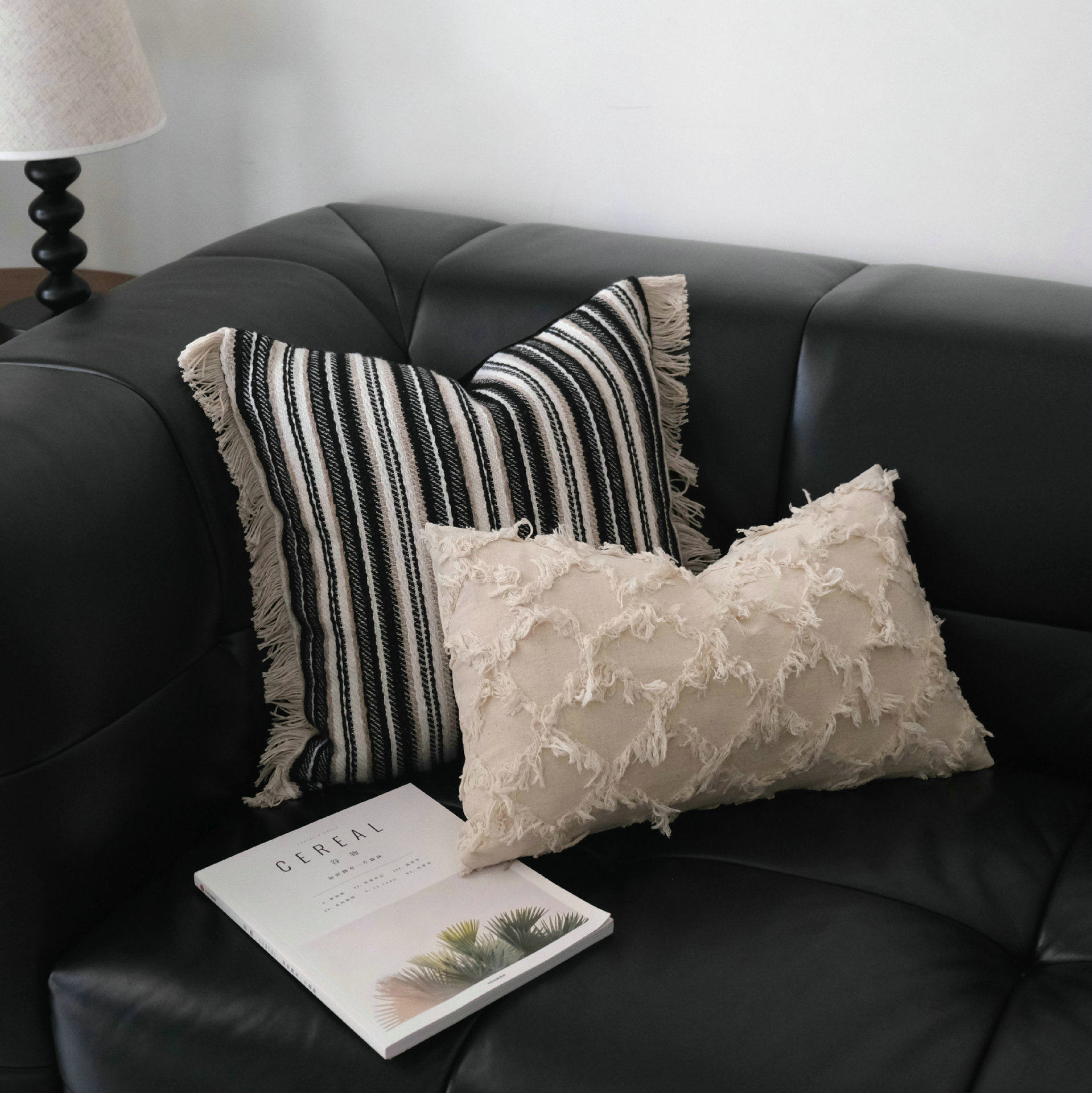 棉麻条纹针织流苏抱枕侘寂风靠枕复古客厅沙发装饰靠垫样板抱枕套