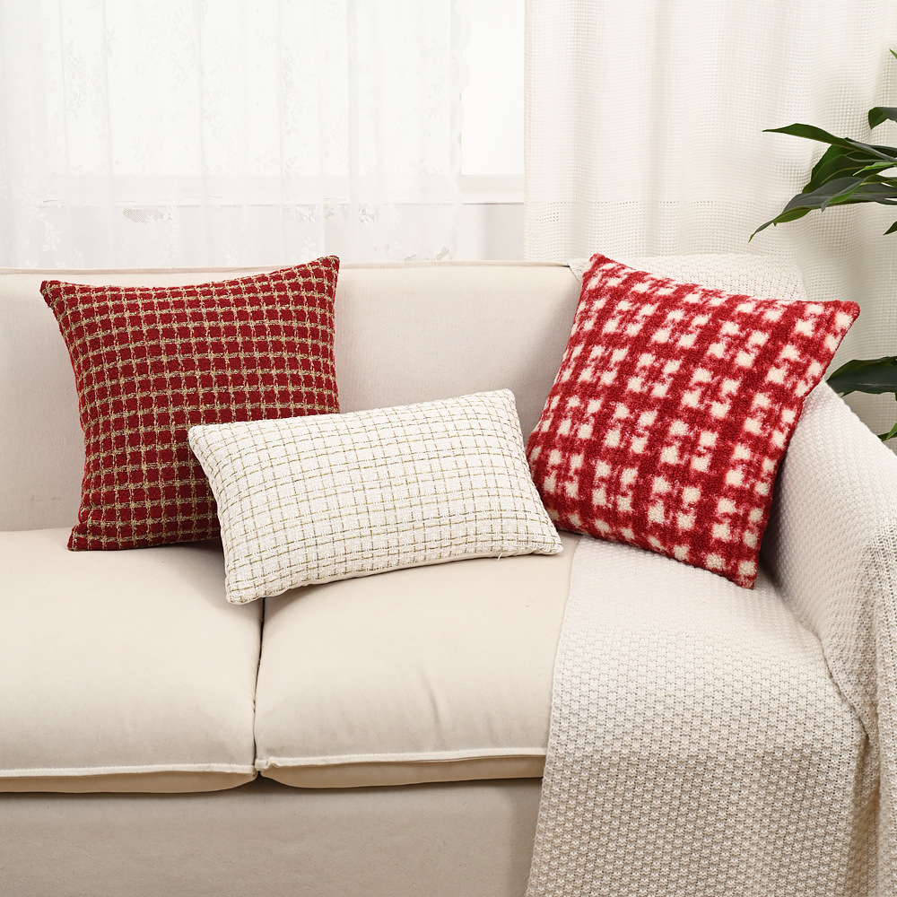 红色格纹小香风节日喜庆法式轻奢客厅抱枕靠垫样板间软装抱枕套