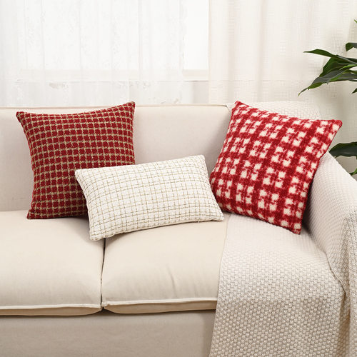红色格纹小香风节日喜庆法式轻奢客厅抱枕靠垫样板间软装抱枕套