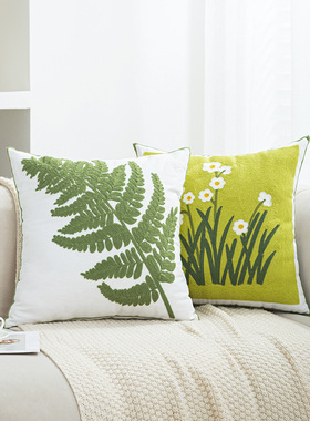 绿色小清新田园抱枕套百合花刺绣靠枕客厅沙发靠垫套飘窗靠包全棉