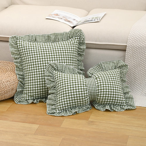 法式格子荷叶边抱枕 ins小清新现代方枕腰枕靠垫沙发卧室靠枕