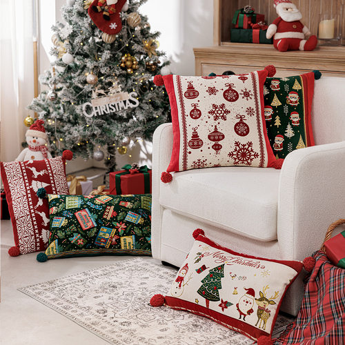北欧新款圣诞色织客厅沙发靠枕垫铃铛圣诞树家居午睡装饰抱