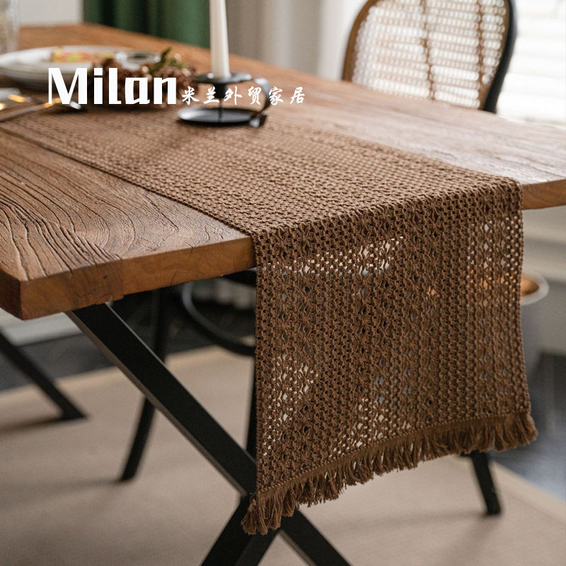 复古棕色编织流苏棉麻美式桌旗桌布茶艺餐垫桌垫轻奢高级感原木风,居家布艺,桌旗,淘宝优惠券,粉丝福利购,淘宝优惠卷