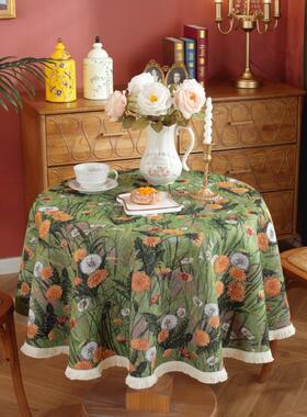 复古绿色花朵餐桌布艺田园ins油画风圆形长方形茶几棉麻装饰盖布