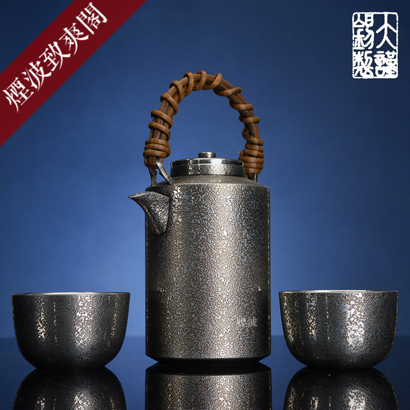 烟波日本 大阪浪华锡器 吹雪 藤编 锡壶 平足酒杯 酒壶 酒具套装
