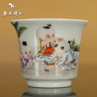 景德镇春风祥玉 邹俊窑珍藏九字款 珐琅彩 五童子蕉园嬉戏 斗笠杯