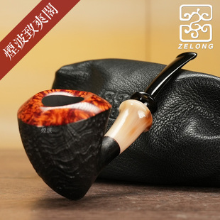 中国 吕泽龙 图坦卡门 牛角饰圈 手工制 石楠木 烟斗
