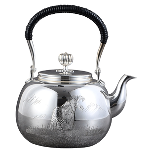 日本银器 银川堂 银本铺 纯银 十二生肖 彫金虎 茶壶 银壶 煮水壶