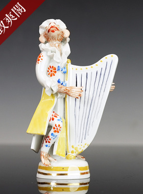 猴子乐队竖琴演奏者彩绘瓷塑摆件