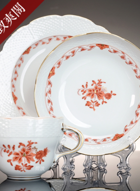 德国MEISSEN梅森瓷器 新剪裁 柿红色印度花卉 彩绘浮雕咖啡杯碟组