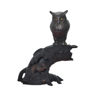 日本银器 明治 金工名家 大岛如云作 银制猫头鹰 猿金工置物 摆件