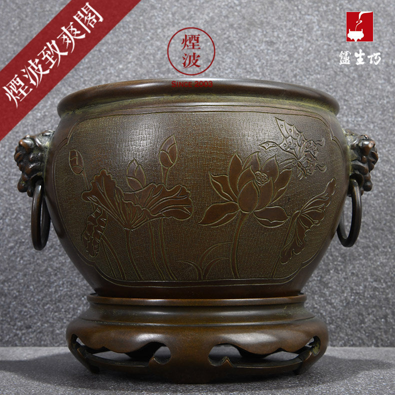 烟波 陈巧生 巧生炉 錾刻狮环缸式套炉 纯铜炉 熏香炉 宣德炉