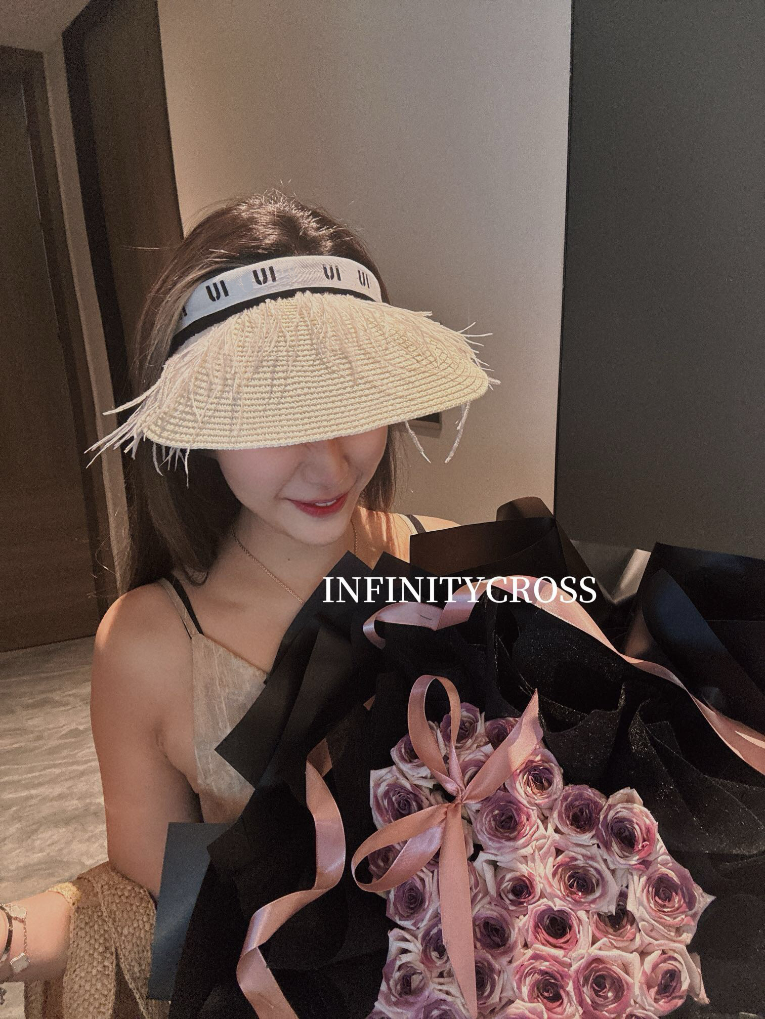 【INFINITYCROSS】优雅度假风高级感鸵鸟毛仙女空顶帽防晒遮阳帽