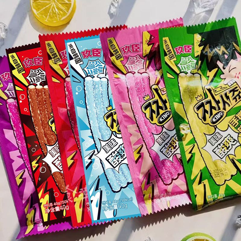 韩国进口 玖臣葡萄苹果草莓白桃味长条手撕酸味水果软糖45g零食