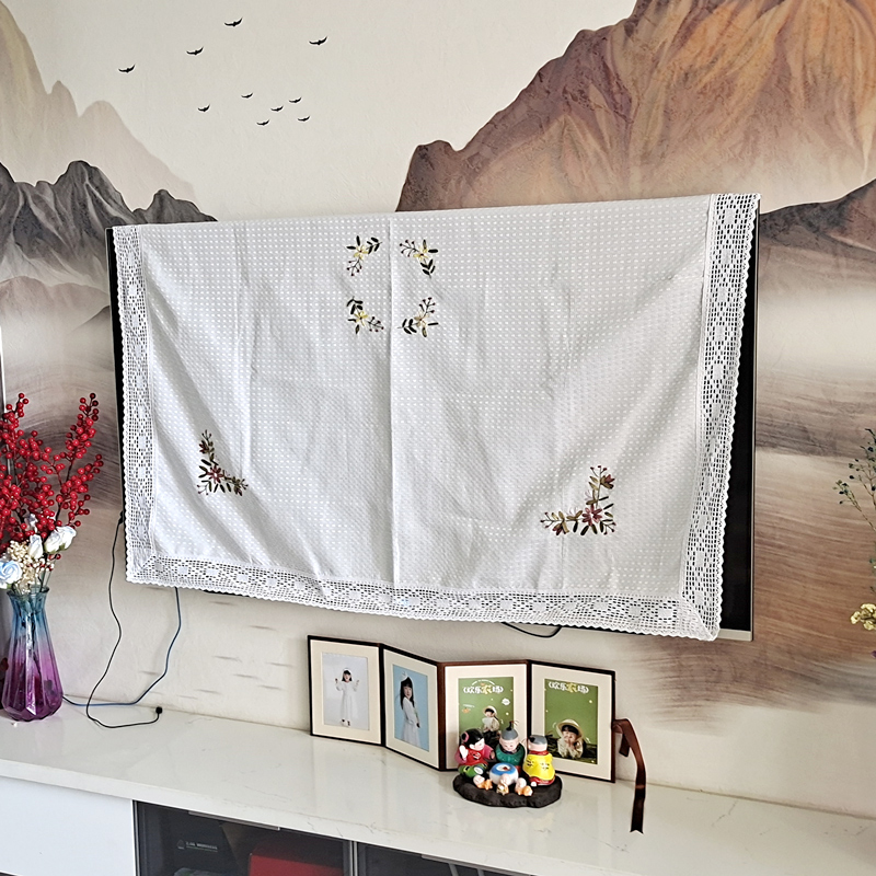 丝带绣花电视机套罩防尘盖布棉麻布艺多用盖巾纯白色65寸电视罩子