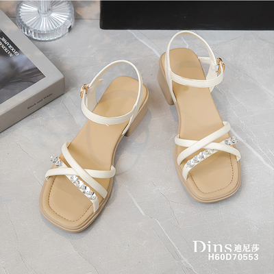 迪尼莎2025夏季新款露趾粗跟一字式扣带凉鞋鞋舒适女鞋70553