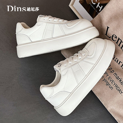 迪尼莎2025春季新款平底厚底休闲鞋运动鞋系带牛皮小白鞋70026