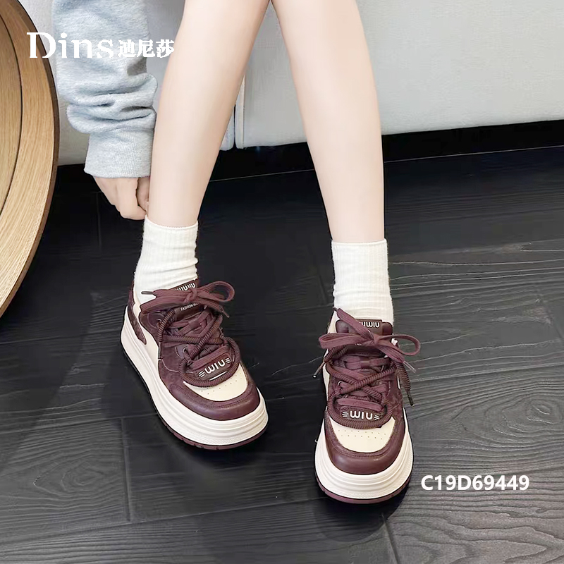 迪尼莎2024冬季新款平底休闲鞋系带牛皮厚底显高绒里女鞋69449