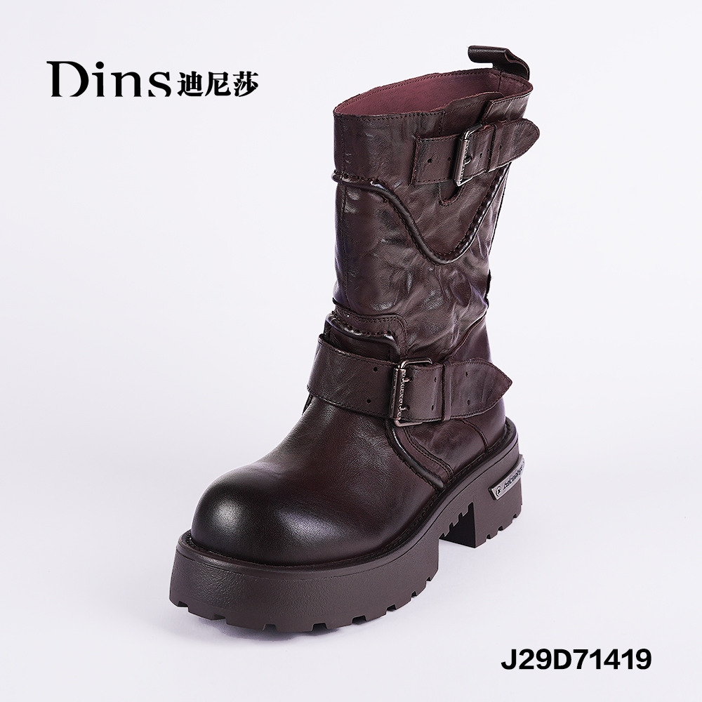 迪尼莎2025冬季新款厚底皮扣休闲牛皮舒适透气烟筒靴短靴女71419