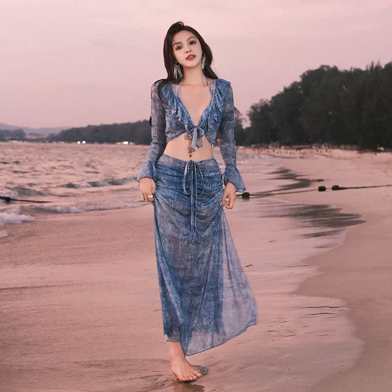 2025新款高级感分体四件套长裙长袖外衫性感比基尼修身显瘦bikini