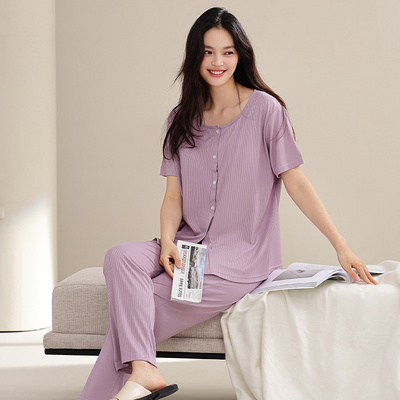 莫代尔带胸垫睡衣女圆领开衫短袖