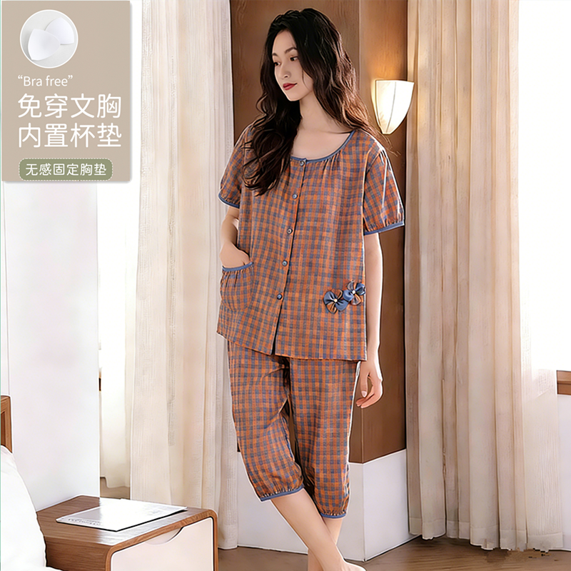 中年妈妈睡衣女带胸垫半袖无领春夏纯棉短袖七分裤圆领开衫家居服,女士内衣/男士内衣/家居服,睡衣/家居服套装,淘宝优惠券,粉丝福利购,淘宝优惠卷