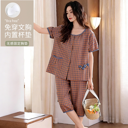 睡衣女带胸垫无领半袖纯棉夏季短袖七分裤圆领开衫中年妈妈家居服