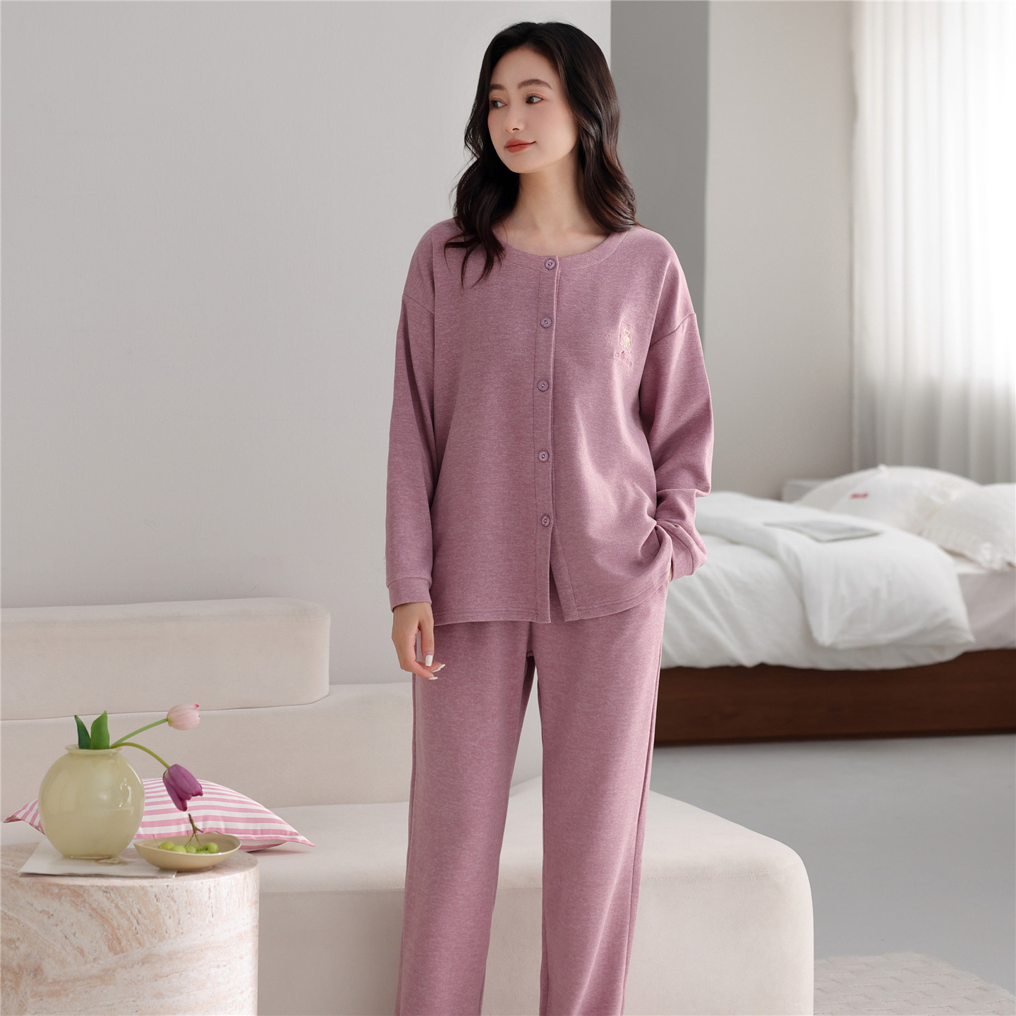睡衣女德绒加厚圆领开衫薄绒秋冬图片