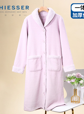 德国舒雅女士睡袍秋冬新款一体绒青果领开衫保暖家居睡裙25602R