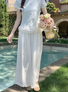 【Dear YN】慵懒松弛感棉麻花边裤女高腰垂感阔腿裤宽松直筒裤夏