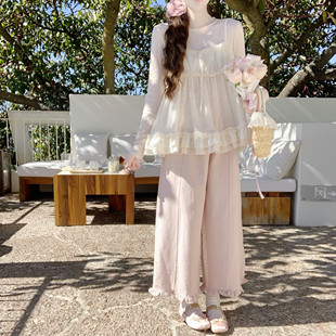 【Dear YN】温柔甜美 春款高腰下摆花边阔腿裤休闲裤女宽松九分裤