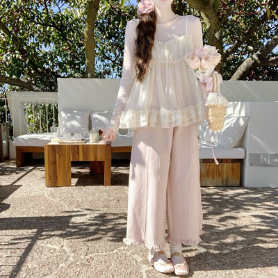 【DearYN】春款高腰花边阔腿裤