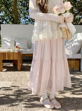 【Dear YN】超大裙摆仙气粉色波点长裙松紧腰中长款半身裙a字裙春