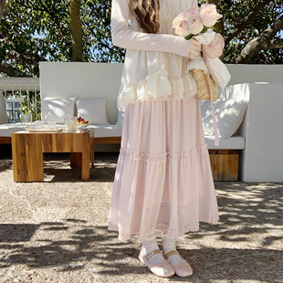 超大裙摆仙气粉色波点长裙松紧腰中长款 半身裙a字裙春 Dear