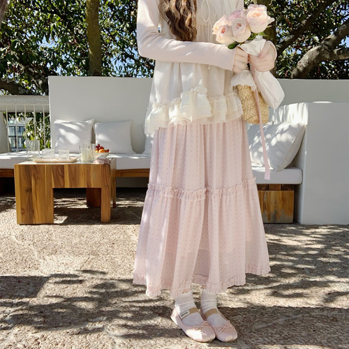 【DearYN】粉色波点长款半身裙