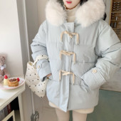 奶油色系大毛领连帽牛角扣棉服加厚面包服女 暖冬复活 Dear