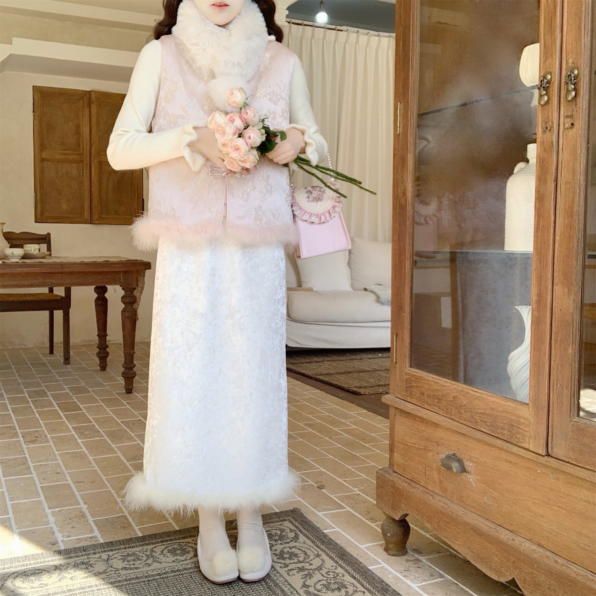 【Dear YN】新中式国风提花丝绒半身裙下摆鸵鸟毛中长款直筒裙女,女装/女士精品,半身裙,淘宝优惠券,粉丝福利购,淘宝优惠卷