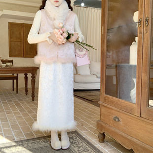 【Dear YN】新中式国风提花丝绒半身裙下摆鸵鸟毛中长款直筒裙女