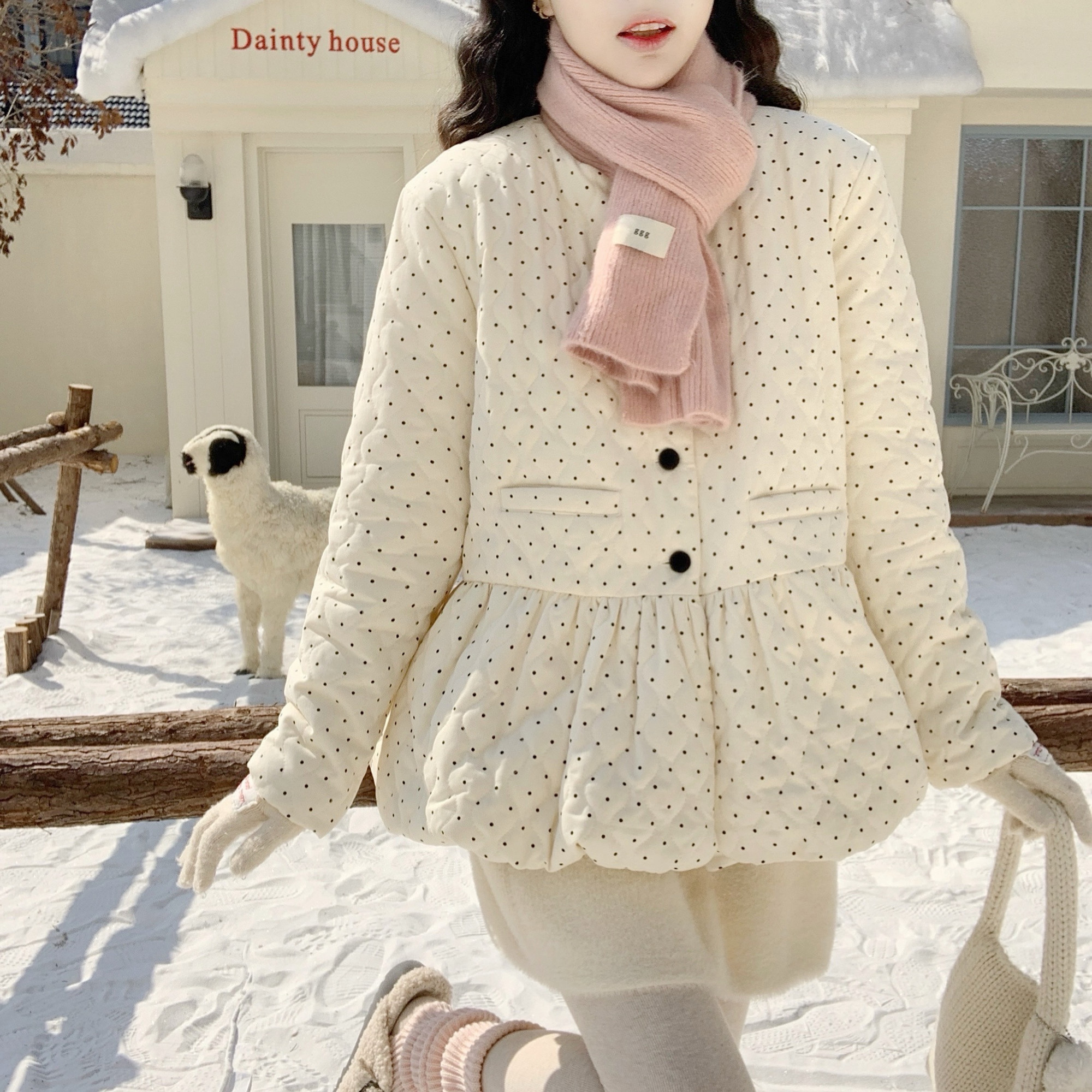 【DearYN】波点花苞收腰棉服女